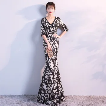 

BlackChinese Oriental V-Neck Mermaid Wedding Women Sexy Cheongsam Evening Dress Elegant Princess Dresses Modern Qipao