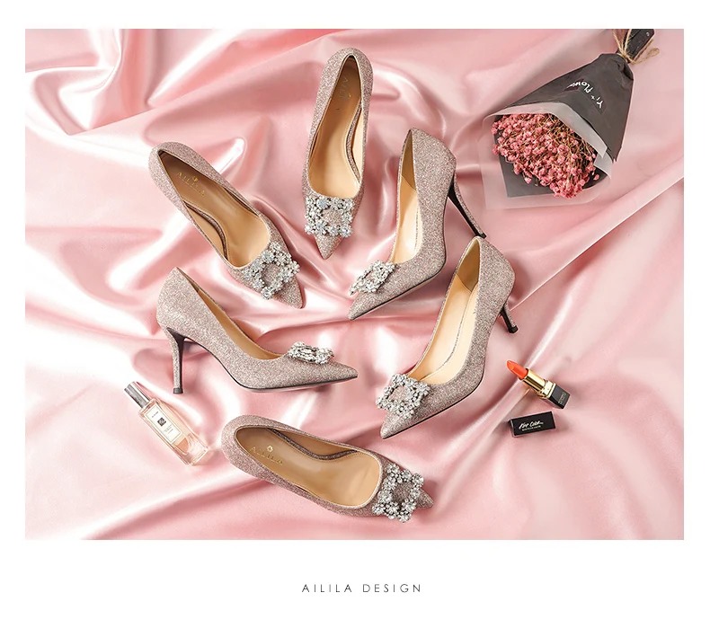 Свадебные туфли Для женщин невесты с постепенным увеличением светильник розовые блестки, квадратной пряжкой и стразами камень, женские туфли на высоком каблуке 6 см, 8 см, 10 см женские туфли-лодочки