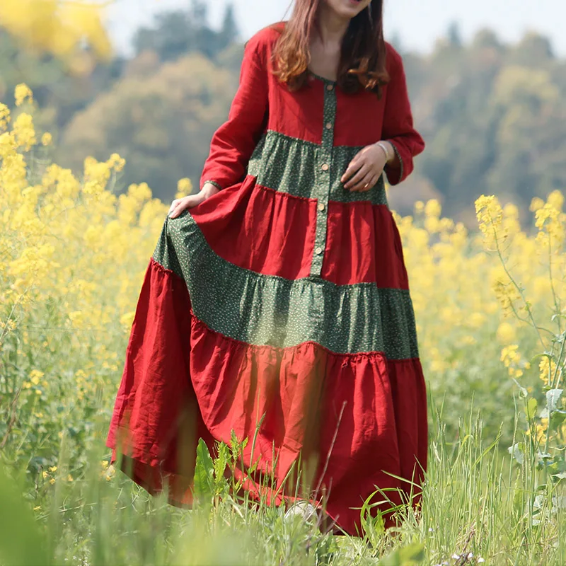 Spring Autumn Dress Women Bohemian Long Maxi Dresses Cotton Linen Shirt