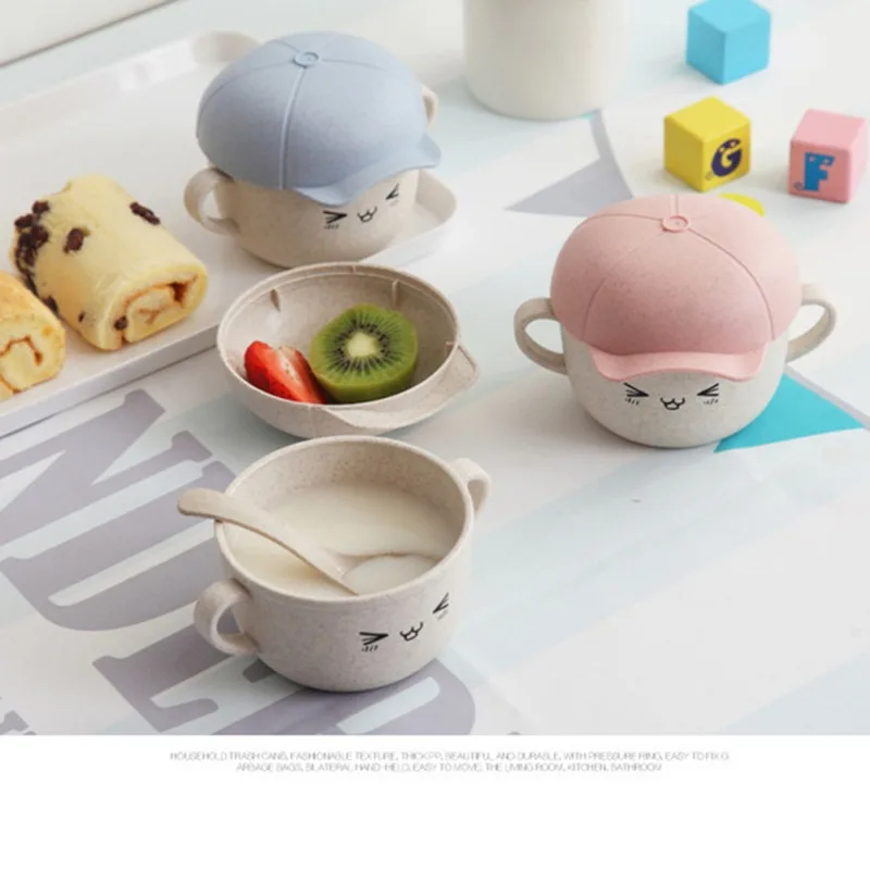 

2pcs/set Wheat Straw Bowl Children Cartoon Tableware Set Baby Dinner Plate Baby Training Bowl Spoon for Kids