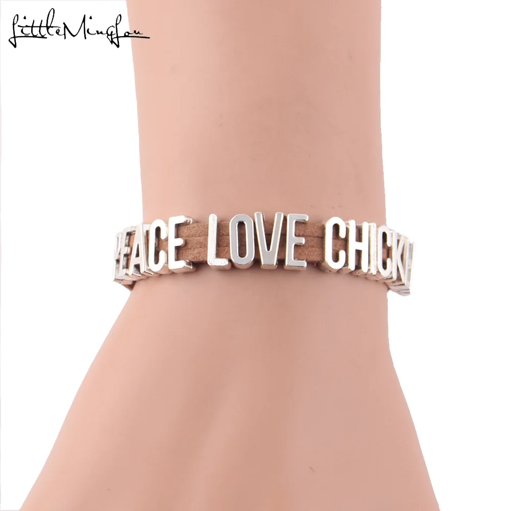 

Little MingLou PEACE LOVE CHICKENS Bracelet letters Charm brown suede rope wrap men bracelets & bangles for Women jewelry