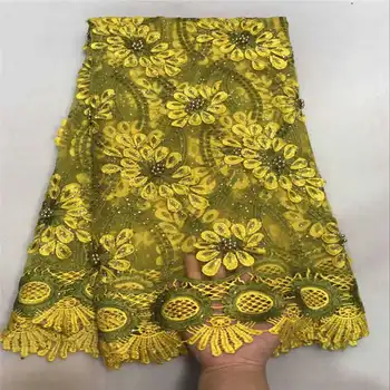 

Yellow Gold Color Rhinestones Frenc Lace Fabric Embroidered Tulle Net lace French Fabric With Stones And Beads For Wedding 30