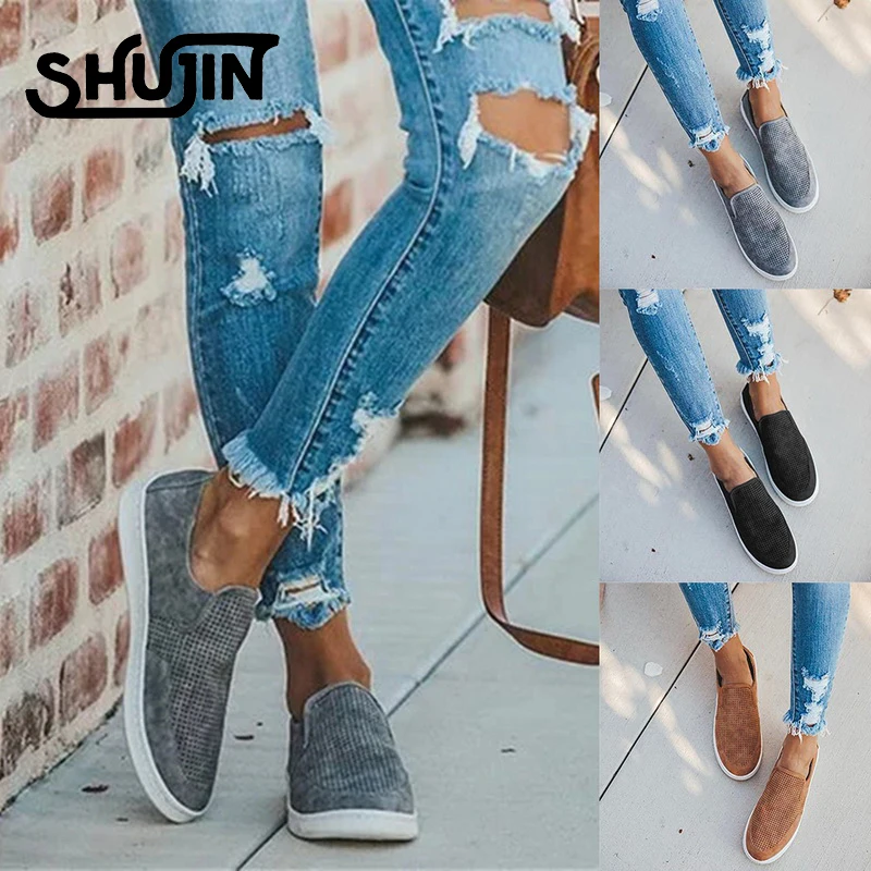 

SHUJIN Women Vulcanize Flat Shoes Round Toe Solid Slip-on Shoes Breathable Sports Sneakers Female Walking Sports Sneakers 35-43