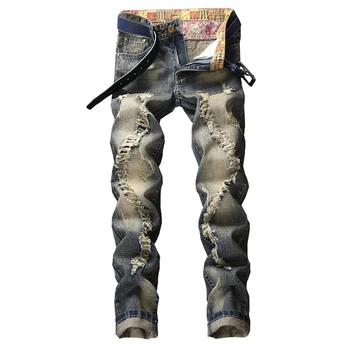 

New Brand Jeans Men Casual Straight Denim Trousers Men's Fashion Ripped Jeans Slim Holes Overall Homme Retro Light Blue Jeans
