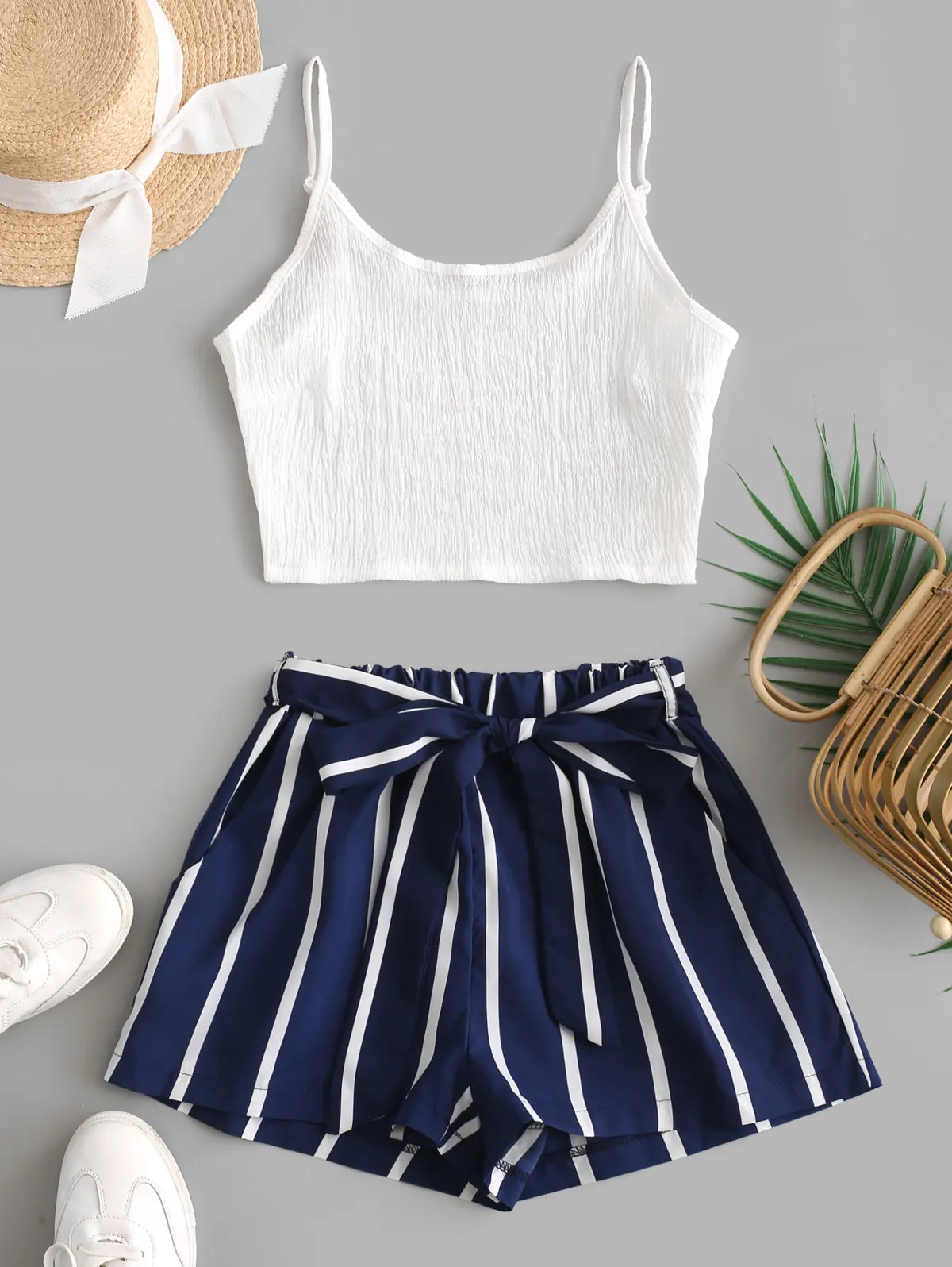 

ZAFUL Crop Top and Striped Belted Shorts Set Women Two Pieces Set Sleeveless Solid Tops Elastic Waist Shorts Female Summer Suits