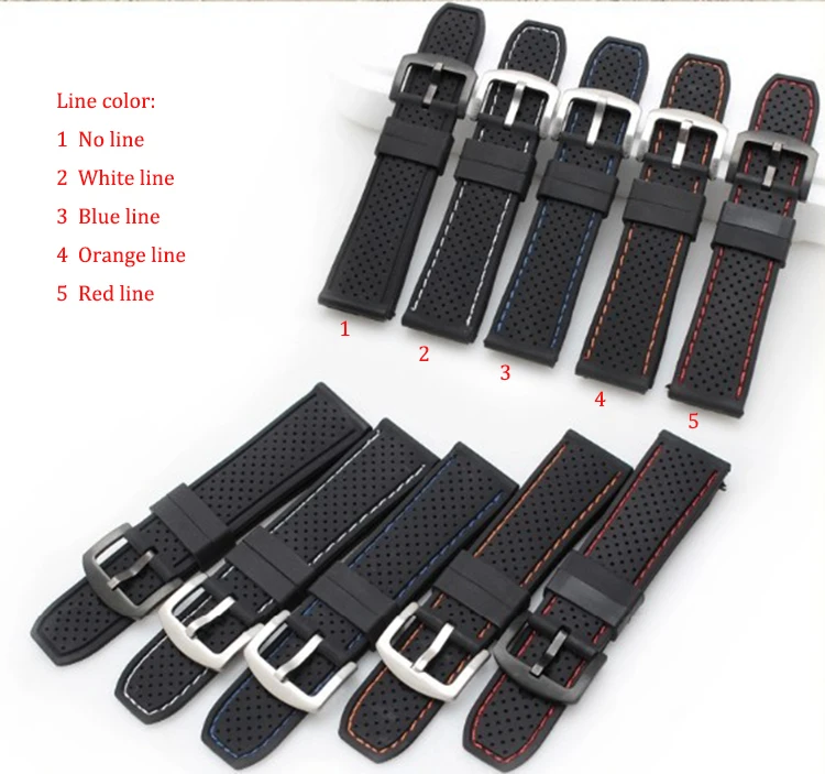

Promotion New Rubber silicone Watchband 24mm Black Stainless steel Buckle Diving Racing Watch Straps Red Stitched Free shipping