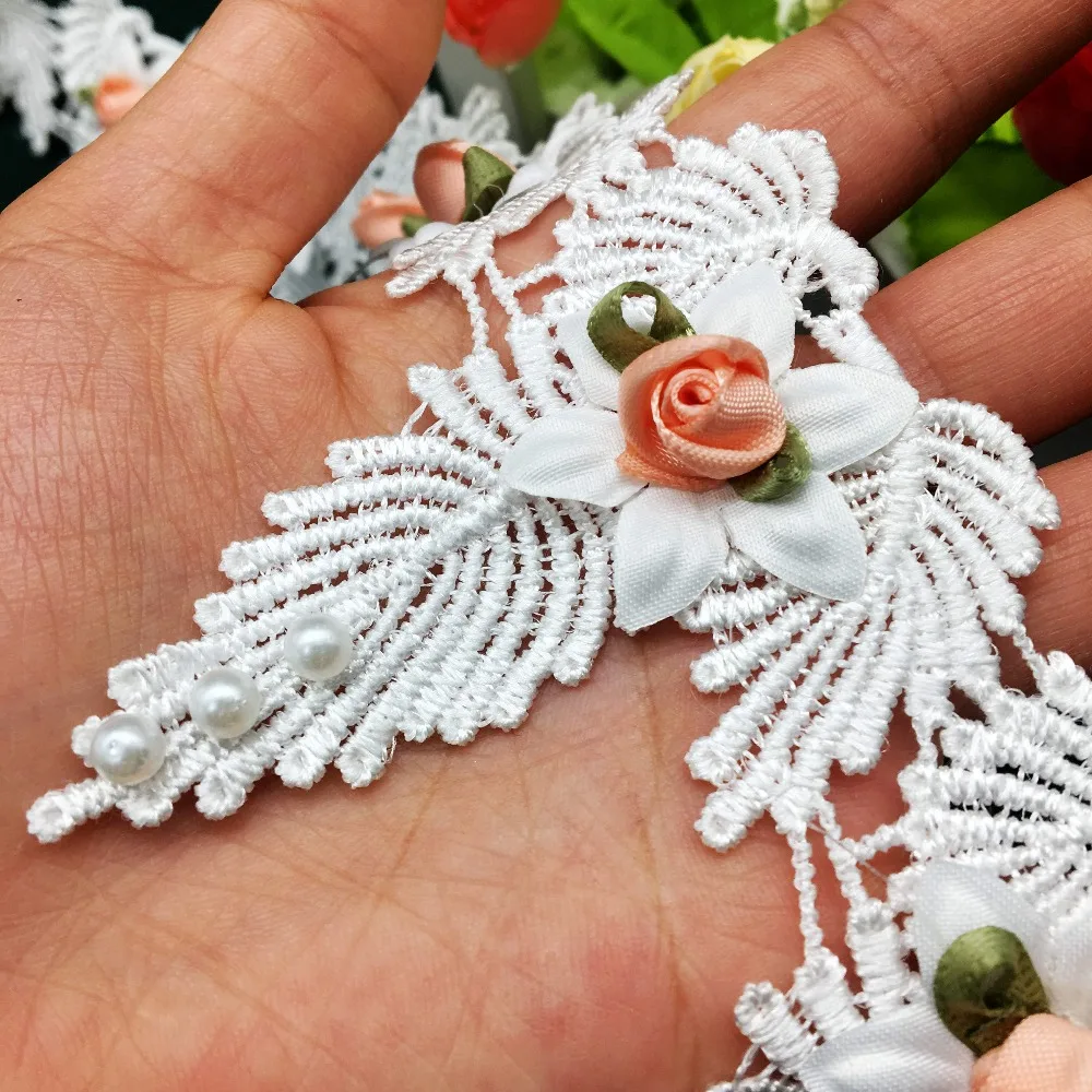 10X Белый 3D бантик Жемчужный Розовый цветок аппликация с кружевной отделкой