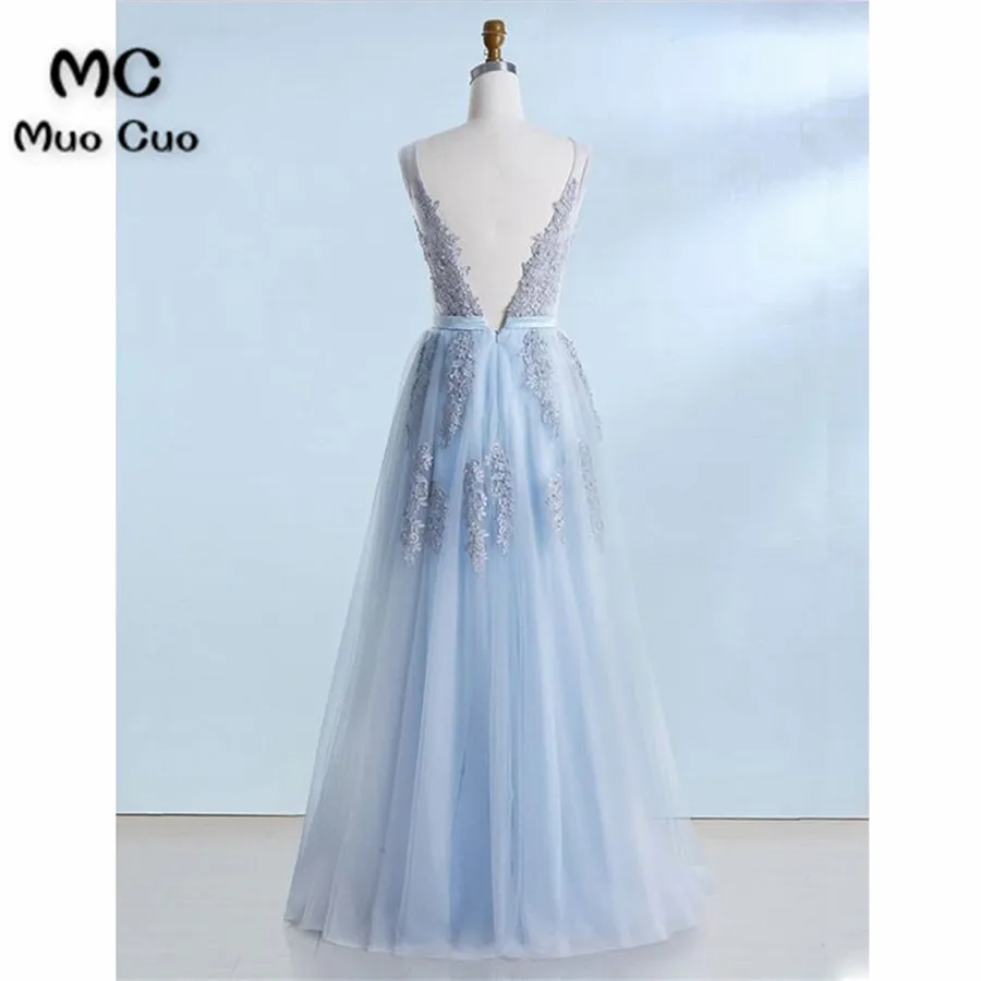 Blue tulle V neck long customize prom dress, long lace evening dress4