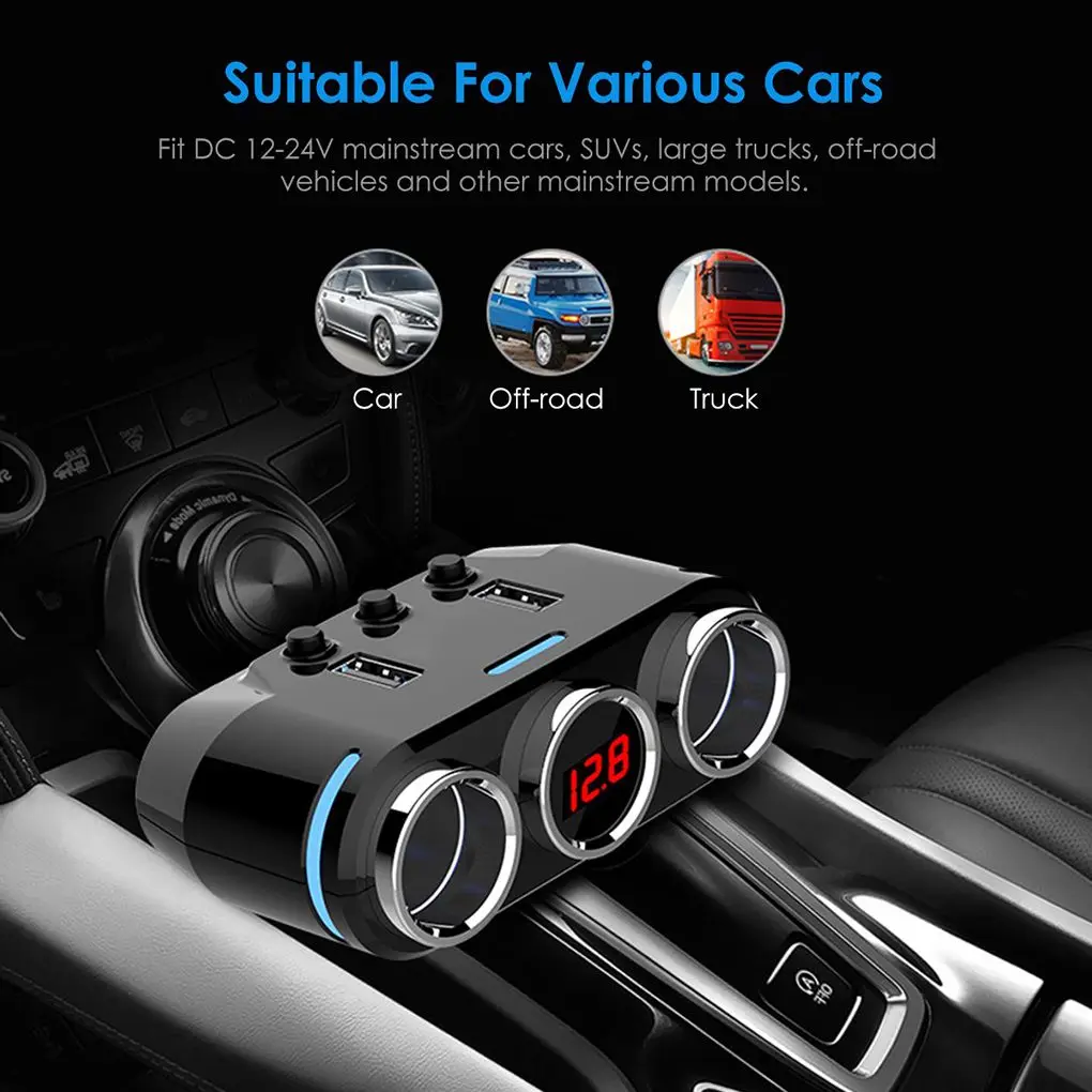 

3 Way Car Cigarette Lighter Dual USB Car Charger Voltage Detection Socket Splitter Power Adapter