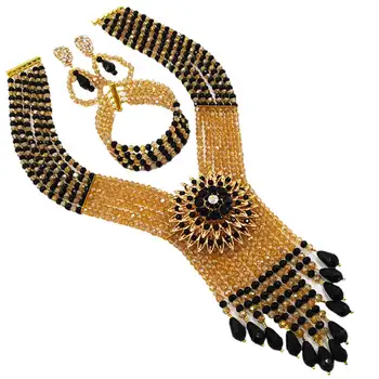 

Nigerian Wedding African Beads Jewelry Set Black Champagne Gold AB Multi Layer Necklace Bracelet Earring Sets 6C-SDLS-014