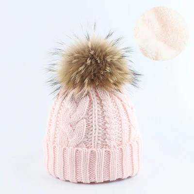 Зимняя женская шапка, натуральные шапки с меховым помпоном, вязаные теплые шапки для мамы и детей, толстые шапки - Цвет: Розовый