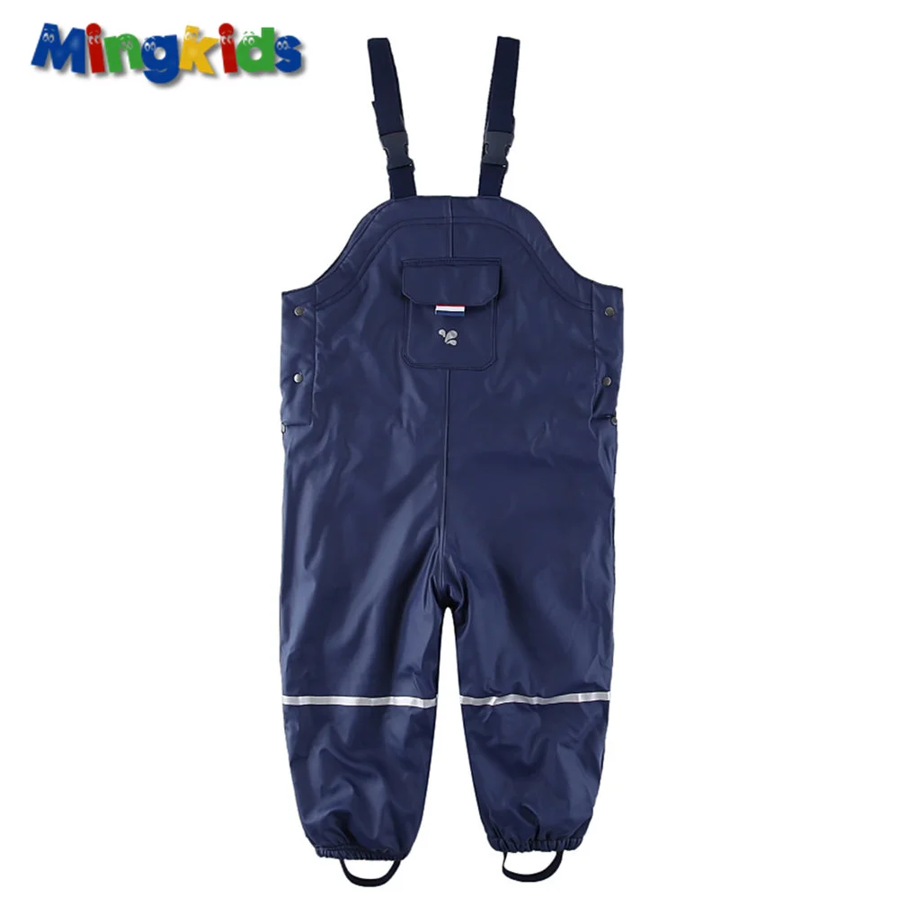 

Mingkids boy waterproof overalls thick warm autumn spring fleece lining trousers PU outdoor Coating loose pants windproof Europe
