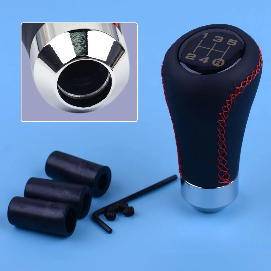 beler Black & Red Line Leather Aluminum Alloy Shifter Lever 5 Speed