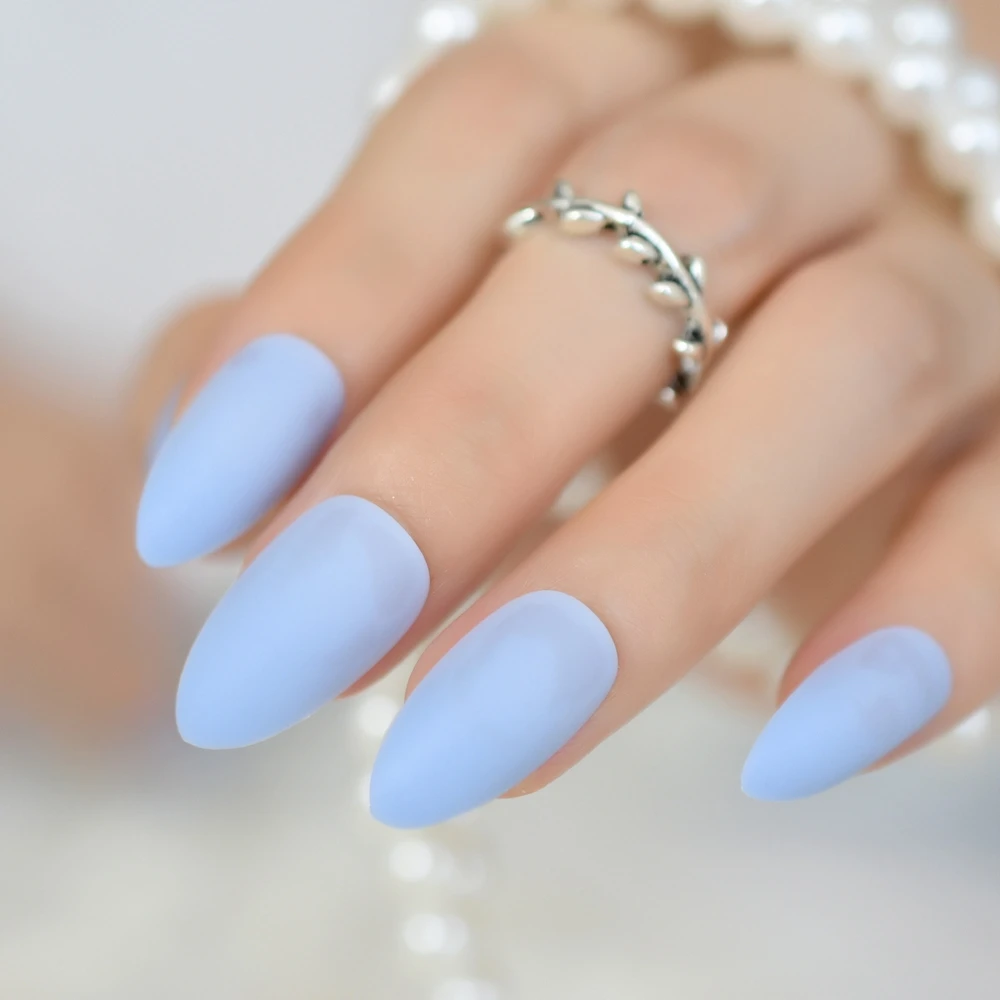 24pcs Kit Sky Blue Soft Matte Nail Tips Almond Design Medium Sharp Stiletto Acrylic Nails Women Daily Wear For Makeup Tool 359p False Nails Aliexpress