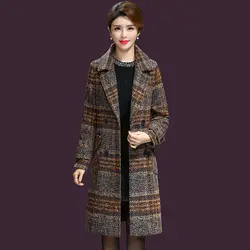 Новое осенне-зимнее шерстяное пальто для женщин 2019 Мода Turn-Down Воротник двубортный средней длины в полоску шерстяное пальто плюс 5XL