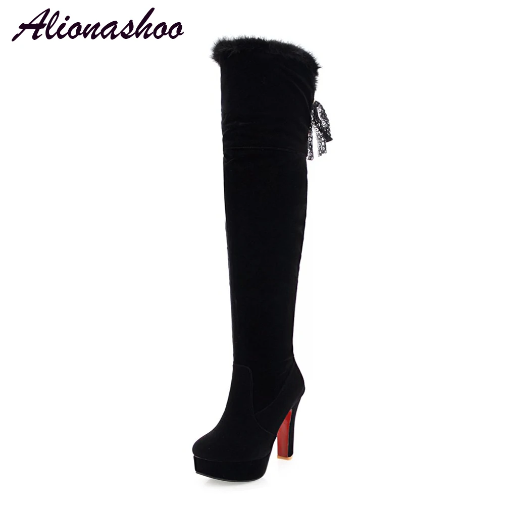 

Alionashoo Women Over The Knee Winter Boots Flock Round Toe Platform Thin High Heel Black Red Warm Booties For Ladies Size 34-48