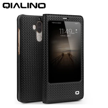 

QIALINO Transparent Phone Case for Huawei Mate 9 Pro Genuine Leather Flip Magnet Cover for Huawei Mate 9 Grid Black Luxury Shell