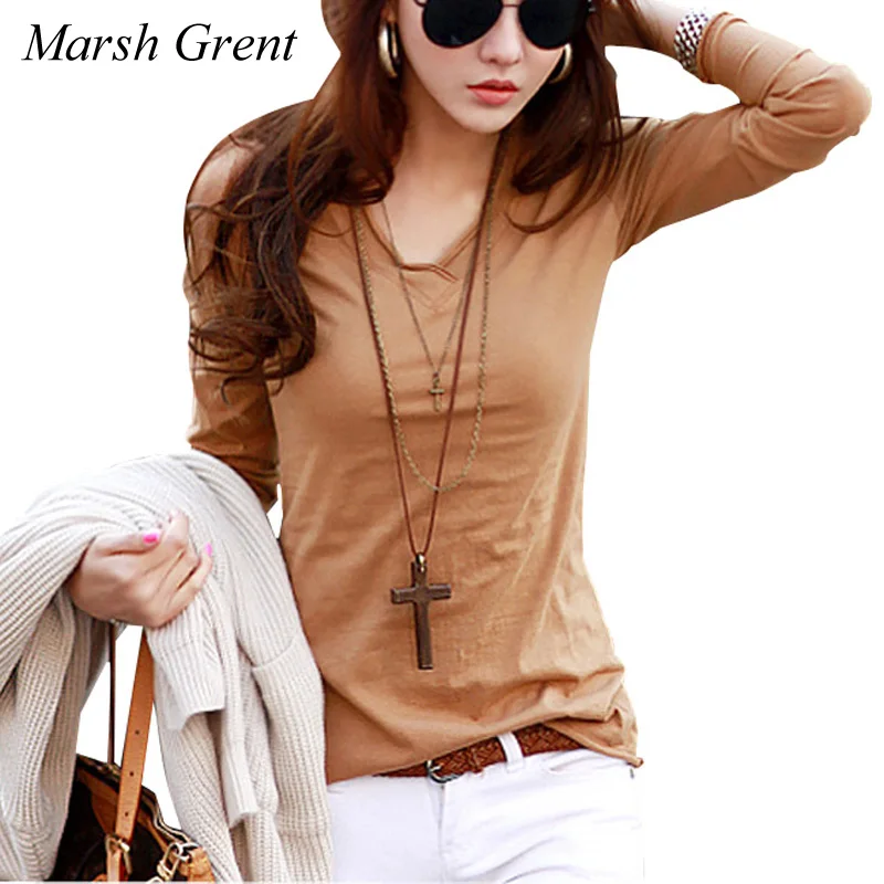 

New 2018 winter autumn woman lady V neck Long sleeve T-shirt Cotton solid t shirt tee top Slim fashion Basic shirts