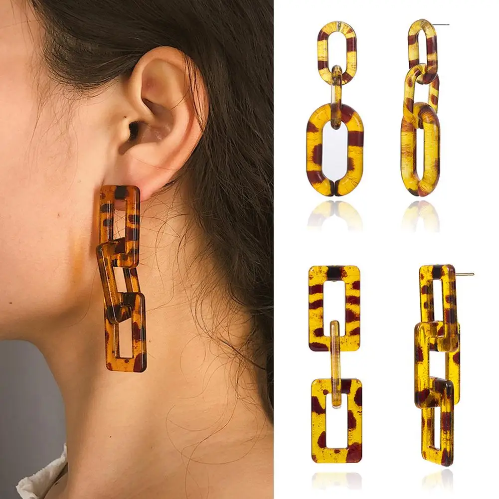 

Wholesale Women Leopard Print Hollow Oval Square Big Chain Drop Statement Stud Earrings