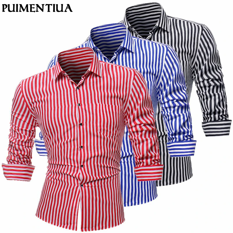 

Puimentiua Mens Fashion New Striped Long Sleeve Casual Shirts Spring Summer Brand Formal Dress Shirts Men Shirts Tops Size L-4XL