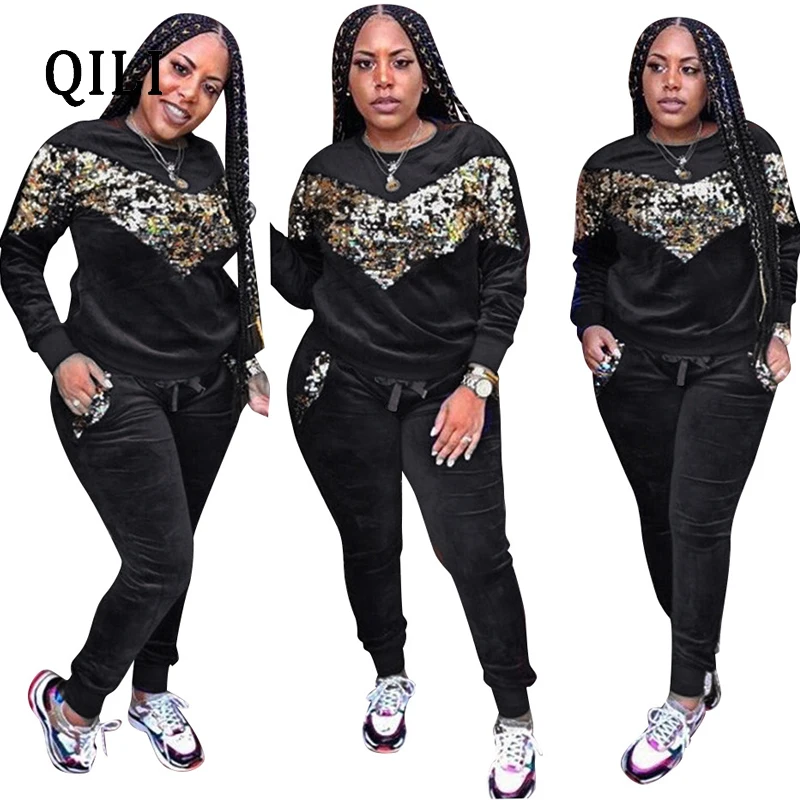 QILI Velvet Long Sleeve Jumpsuits For Women Sequined Two piece set Office Lady Jumpsuit New Autumn Winter Women Casual Jumpsuits