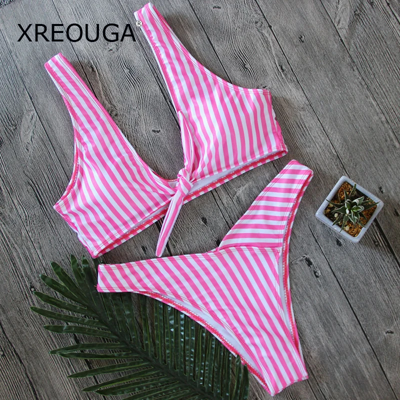 

XREOUGA Pink Stripe Women Two Pieces Swimsuit Front Knot Sexy Push Up Monokinis Summer Beach Female New Maillot De Bain Femme