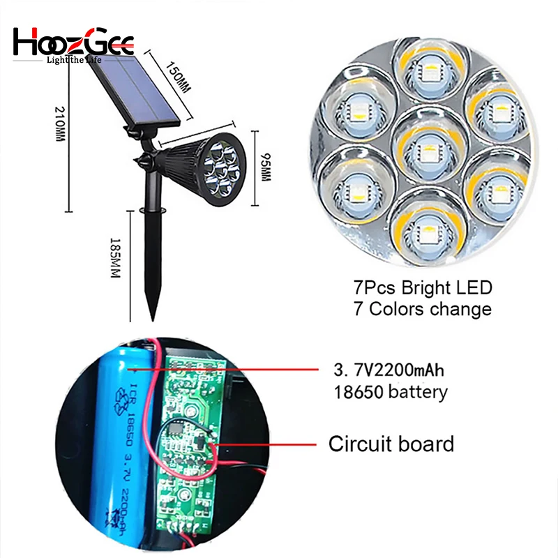 HoozGee Солнечный Точечный светильник, светильник для лужайки, светильник для наружного сада, 7 светодиодный, регулируемый, 7 цветов в 1, настенный светильник, ландшафтный светильник для декора патио