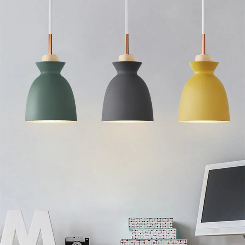 Fashion Colorful Wood Pendant Lights Lamparas Modern design Aluminium shade Luminaire Dining Room Light Macaron Pendant Lamp