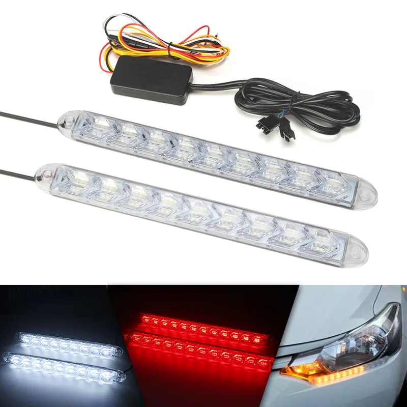 

2PCS DRL Strips Turn Signal Lamps Brake Lights Red/ White Flow Sequential Yellow Amber DC 12V Waterproof External Light