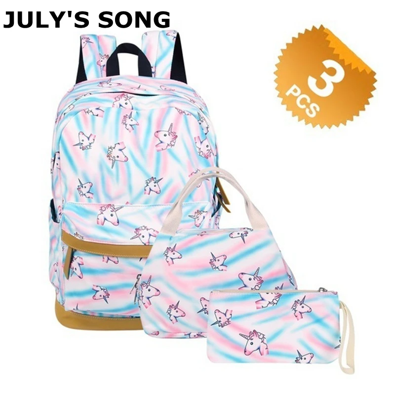 

JULY'S SONG 3 Pcs Unicorn Pattern Student Backpack Shoulder Bag Leisure Travel Backpack Printing School Bags For Teenagers