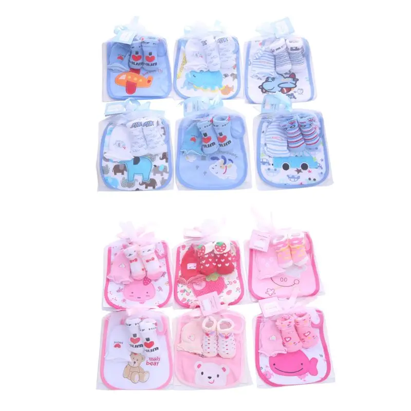 New 1 Bag Baby Cotton Bibs Towel Socks Sets Newborn Kids Burp Cloths+Socks +Anti-scratch Gloves Boys Girls Birthday Gift | Детская