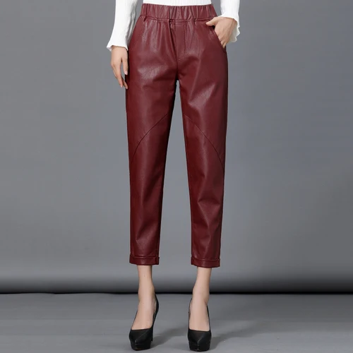 Кожаные женские штаны, новинка, осенняя и зимняя одежда, высокая талия ...