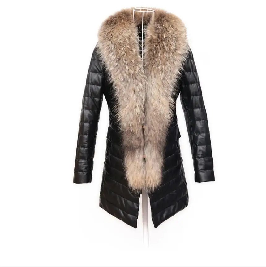 Новинка, зимняя длинная куртка из искусственной кожи с меховым воротником, Женская Повседневная кожаная куртка, большие размеры, пальто L886