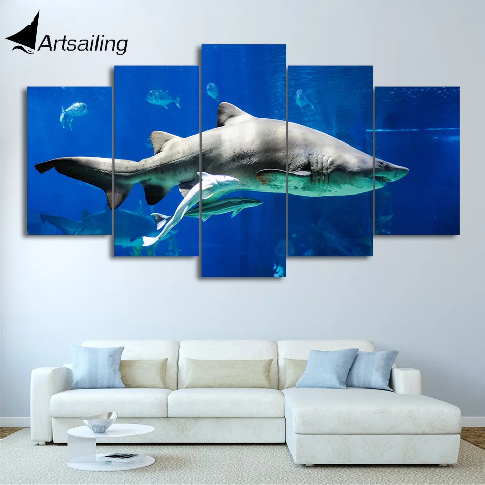 HD Printed 5 Piece Canvas Art White Shark Painting Blue Ocean Wall