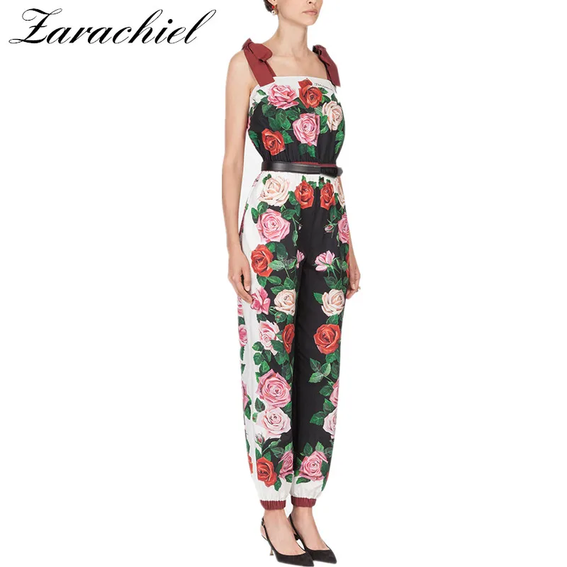

Runway Designer Rose Jumpsuits 2019 Summer Women Bow Spaghetti Strap Calf-length Jumpsuit Romper Floral Print Jumpsuit With Belt