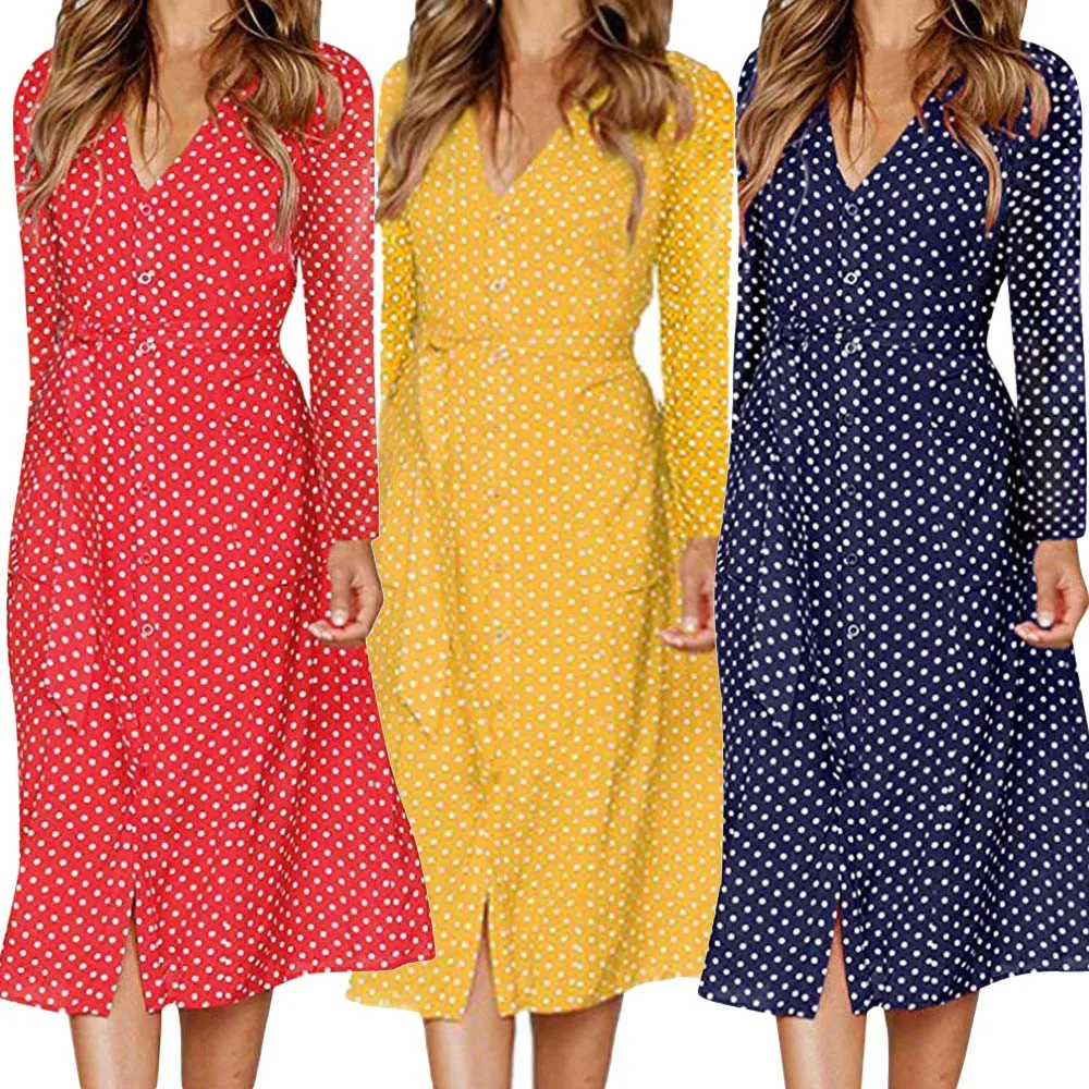 

Women Dot Bohemia Printing Button Dress Long Sleeve Vestido de primavera de las Evening Party Dress With Belt Женское платье #15