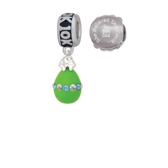 Lime Green Easter Egg with Color Crystal Band 10K Run She Believed She Could Charm Beads (Set of 2)