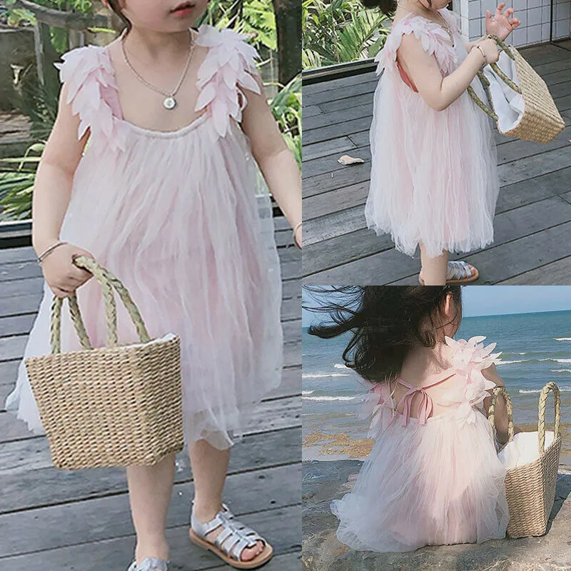 

2019 New Sweet Kids Baby Girl Sleeveless Dress Princess Lace Tulle Tutu Sundress 3D Flowers Strappy A-Line Girl Fairy Dress 0-5Y