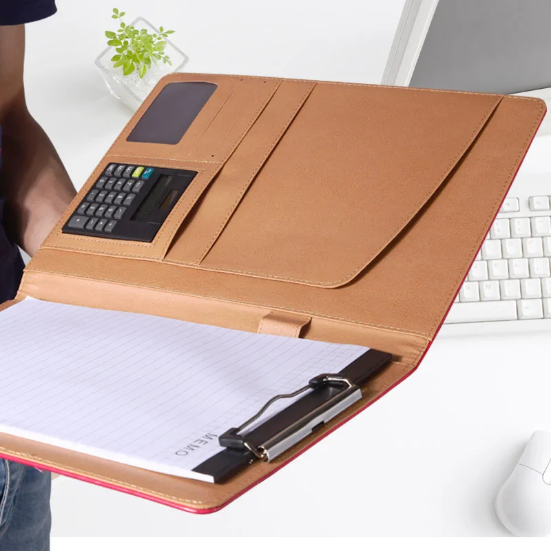 انخفاض الشحن بو الجلود A4 المحمولة الأعمال محفظة مجلد وثيقة مع 8 أرقام حاسبة داخل حامل مذكرة ملاحظة