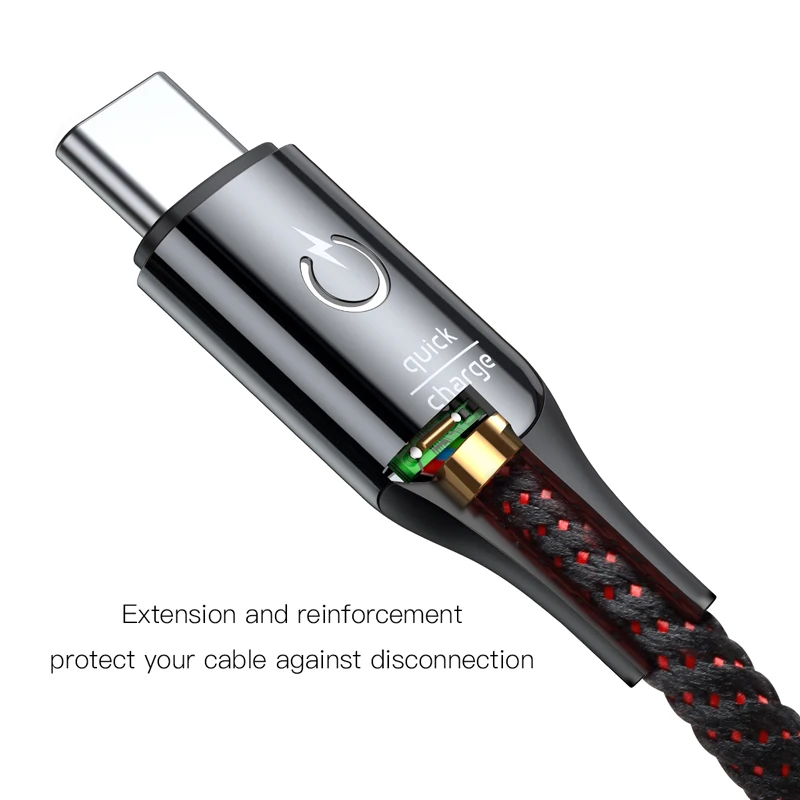 Cable Baseus 3A Smart Power Off USB C para OnePlus 6 Huawei Xiaomi Quick Charge 3,0 tipo C Cable de sincronización de datos Cable LED tipo c