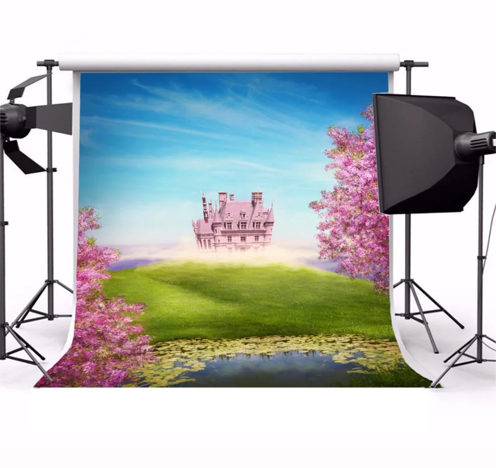 Laeacco Flowers Pond Fantasy Castle Photo Backgrounds Customized Vinyl Digital Photography Backdrops For Photo Studio