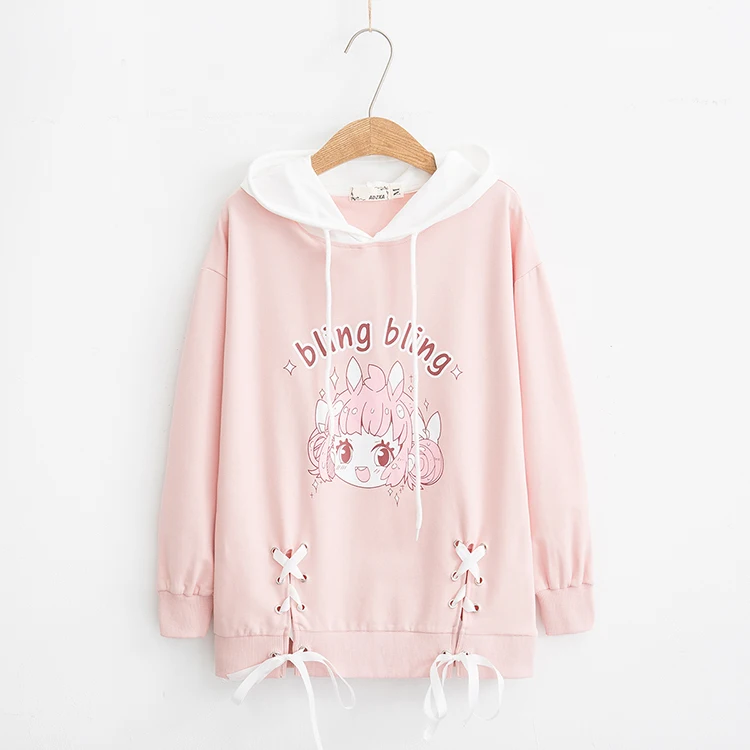 Goede Kawaii Oor Vrouwen Hooded Hoodies 2019 Lente Lange Mouw Mooie Roze Lolita Leuke Meisjes Lace Up Cross Sweatshirt Vrouwelijke Truien