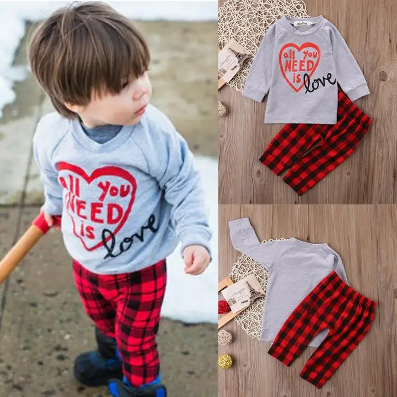 Fashion Pants Baby Boy Kids Clothes T-shirt+plaid Trousers 2pcs Outfits Set 1-6Y Clothing | Детская одежда и обувь