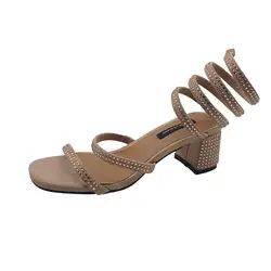 Женские ботильоны-Обёрточная бумага обувь летние сандалии в гладиаторском стиле Для женщин квадратный каблук сандалии вечерние свадебные