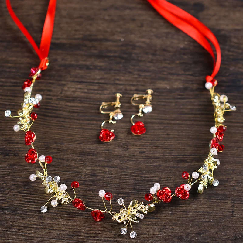 

New 2018 Bridal Red Flower Headband Earrings Set