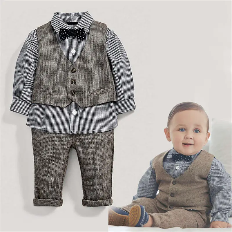 Baby Boy Clothes set Brand wedding baby clothing set newborn 100%cotton baby clothes shirt+vest+pant+bow children's clothes set