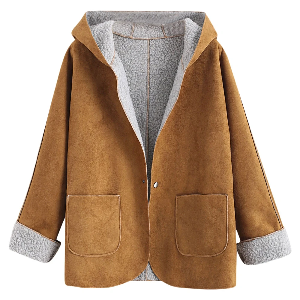 

Casual Faux Leather Snap Button Hooded Cuffed Sleeves Sheepskin Coat Jacket Women Winter Jackets Overcoat Clothing Ladies Coats