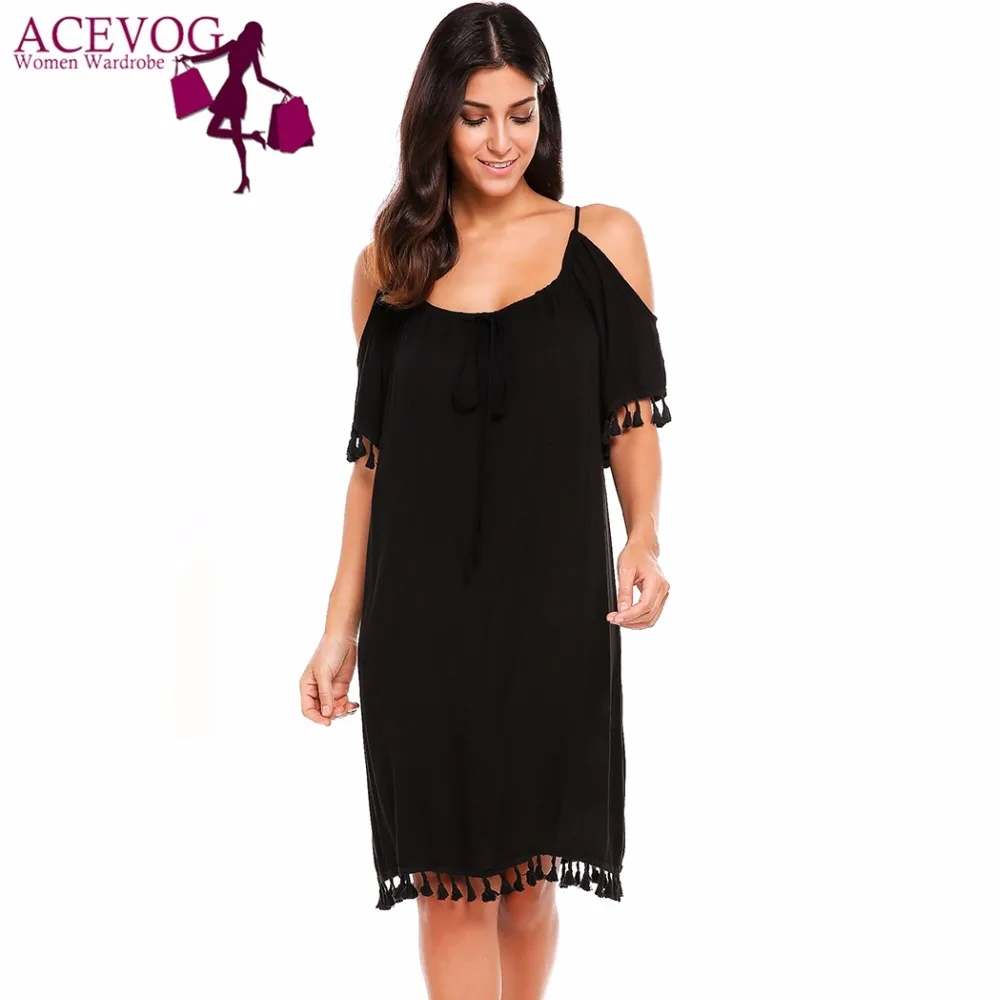 

ACEVOG Women Spagtti Strap Dress Solid Casual Adjustable Lace-up Boat Neck Off Shoulder Loose Tassel Dresses Party Lady Vestidos