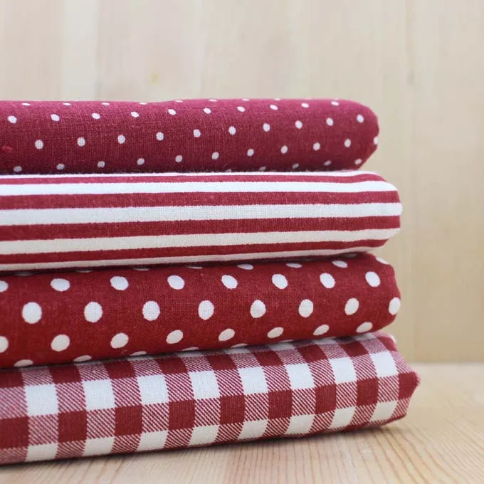 

4 printing Cotton Linen fabric "Red" Dot Square Stripe Fat Quarter Bundle DIY handmade home textile for patchwork cloth 22*24cm