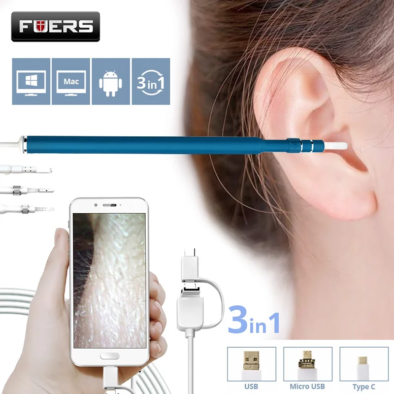 Fuers 3 IN 1 Otoscope Endoscope Camera 720P HD Visual Ear Spoon EarPick Ear Cleaner Cleaning